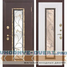 Входная дверь со стеклопакетом и ковкой Плющ (Антик медь / Ясень белый)