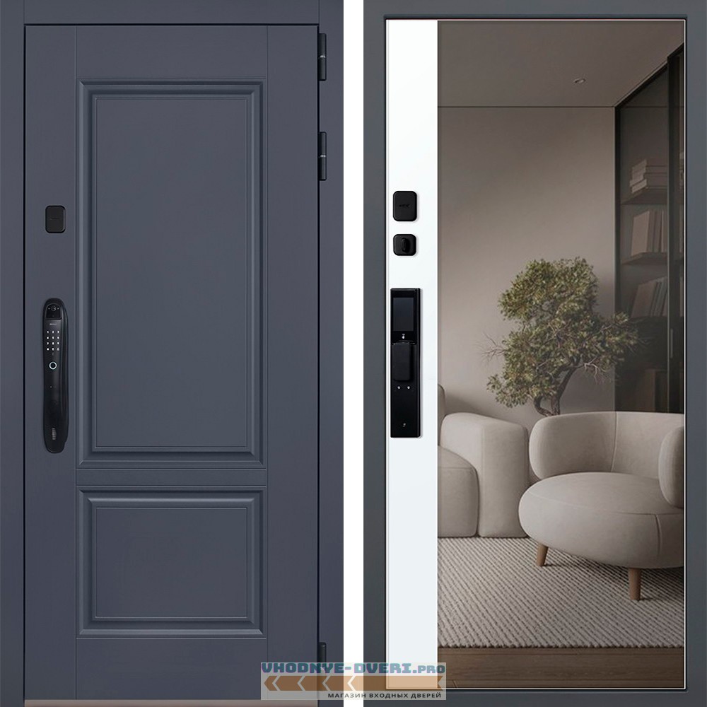 Стальная дверь "Ledo" с зеркалом белый матовый (биометрический замок Smart lock DZ 888)