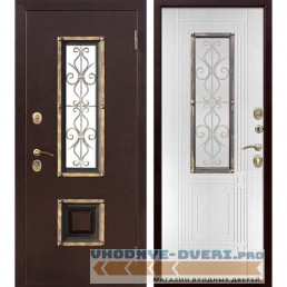 Входная дверь со стеклопакетом и ковкой Венеция (Антик медь / Ясень белый)