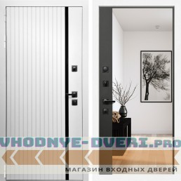 Входная дверь Inteko Вертикаль белая молдинг + Зеркало панорама Черный кварц