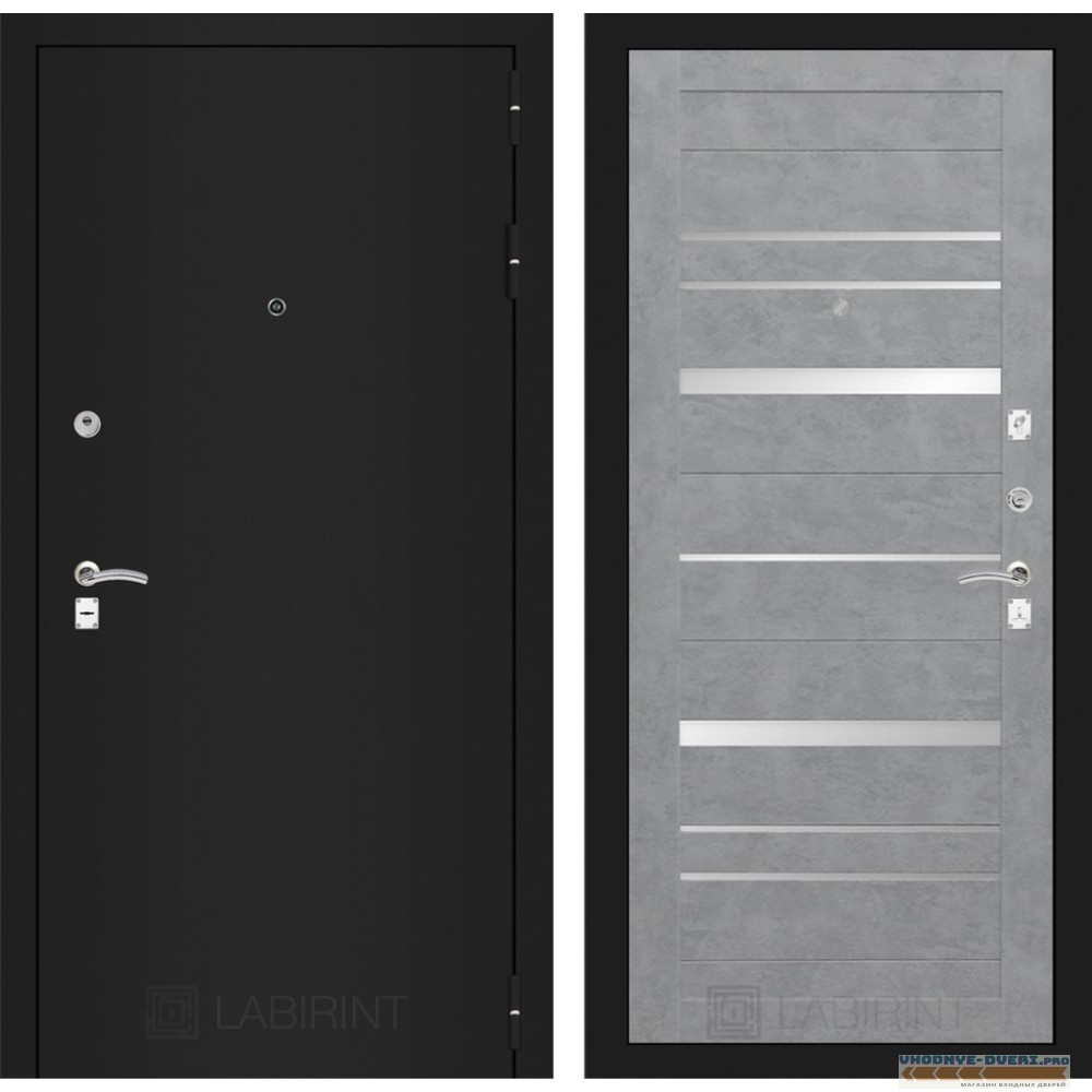 Входная дверь Лабиринт CLASSIC шагрень черная 20 - Бетон светлый, зеркальные вставки