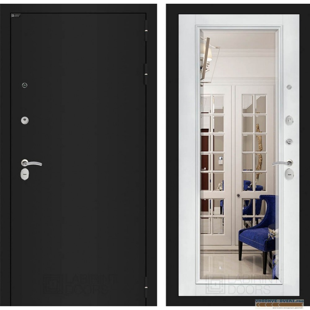 Входная дверь Лабиринт CLASSIC шагрень черная с Зеркалом Фацет - Белый софт