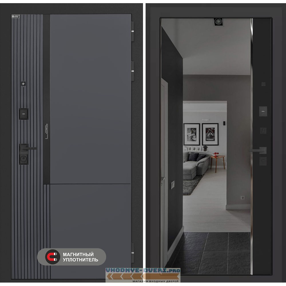 Входная дверь Лаб 2 Про с зеркалом (тонированное) Панорама - Черный кварц