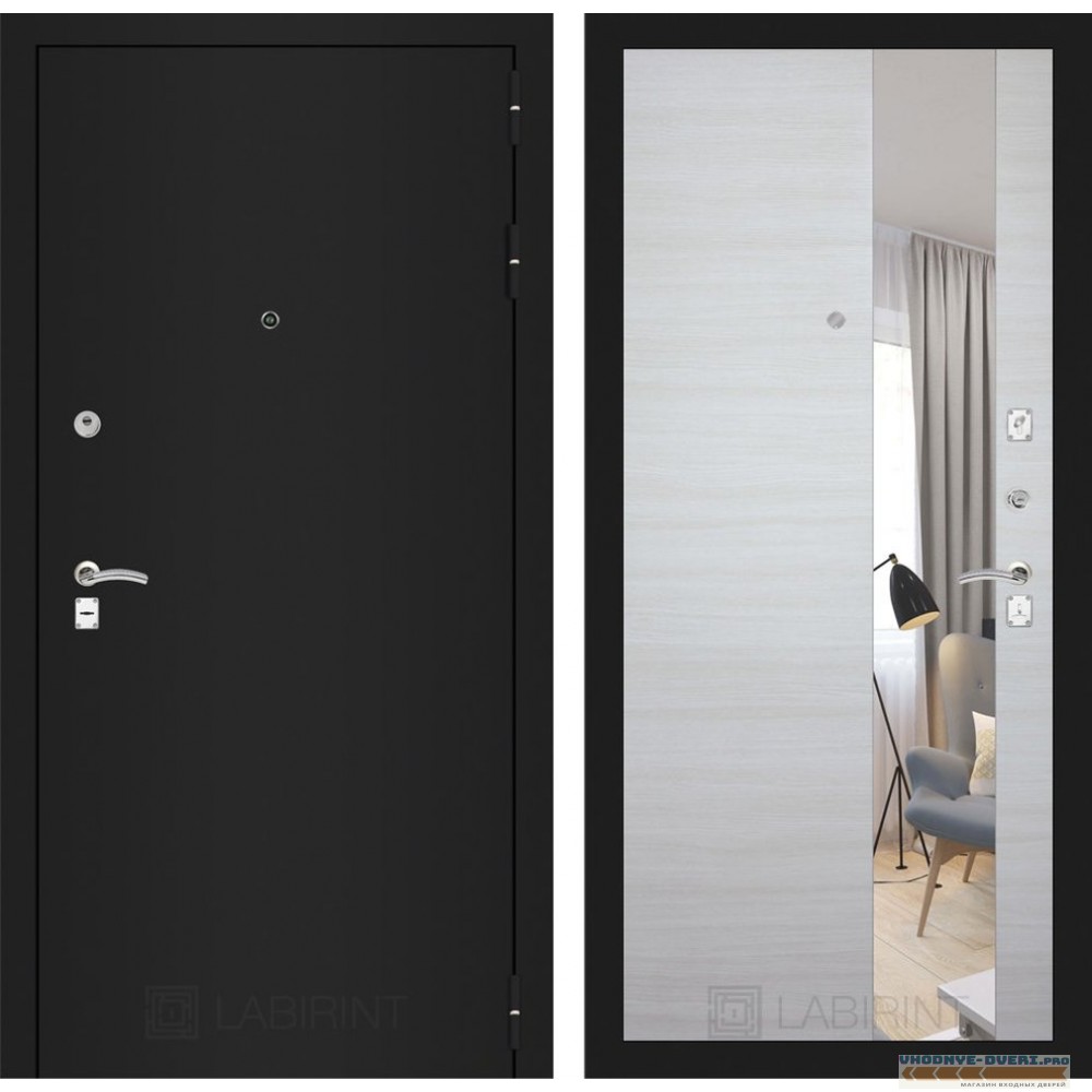 Входная дверь CLASSIC шагрень черная с Зеркалом - Акация светлая горизонтальная