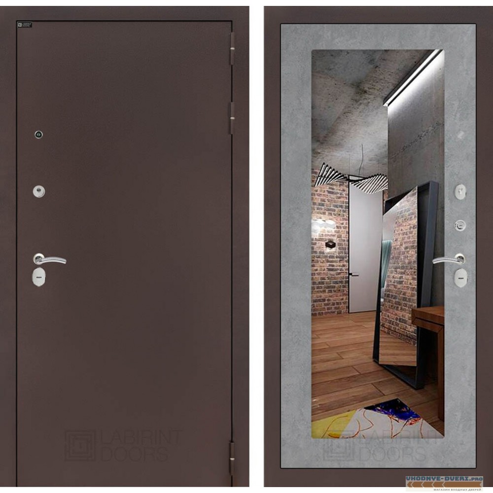 Входная дверь Лабиринт CLASSIC антик медный с Зеркалом 18 - Бетон светлый