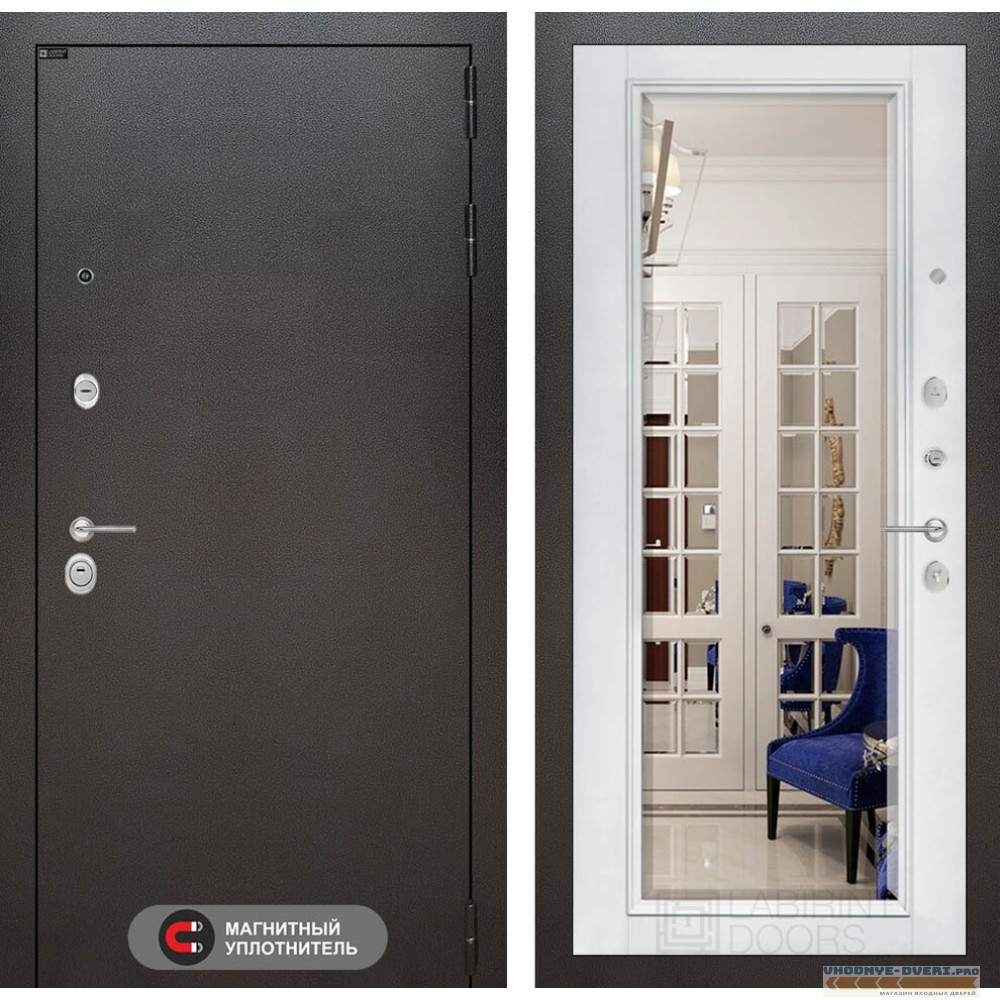 Входная дверь Лабиринт SILVER с Зеркалом Фацет - Белый софт