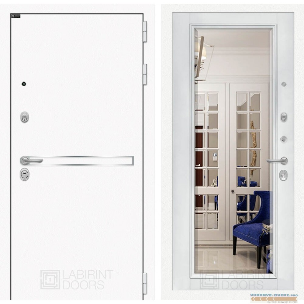 Входная дверь Лабиринт Лайн WHITE с зеркалом Фацет - Белый софт