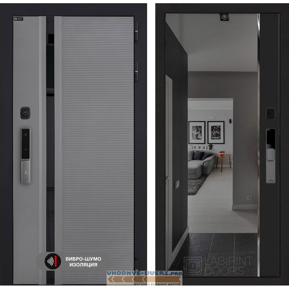 Входная дверь Пиано Смарт 2.0 с зеркалом (тонированное) Панорама - Черный кварц