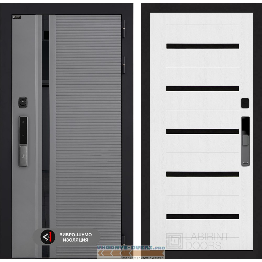 Входная дверь Пиано Смарт 2.0 панель 01 - Белое дерево, стекло черное