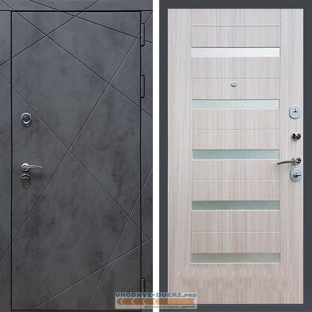 Входная дверь REX (Рекс) 13 Бетон СБ-14 сандал светлый белое стекло