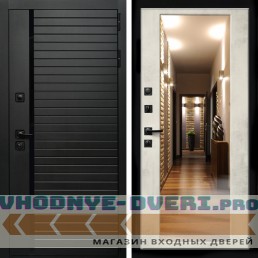Входная дверь Inteko Агат (Черный кварц,черное стекло) + Зеркало бетон светлый