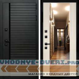 Входная дверь Inteko Агат (Черный кварц,черное стекло) + Зеркало СБ-16 сандал белый