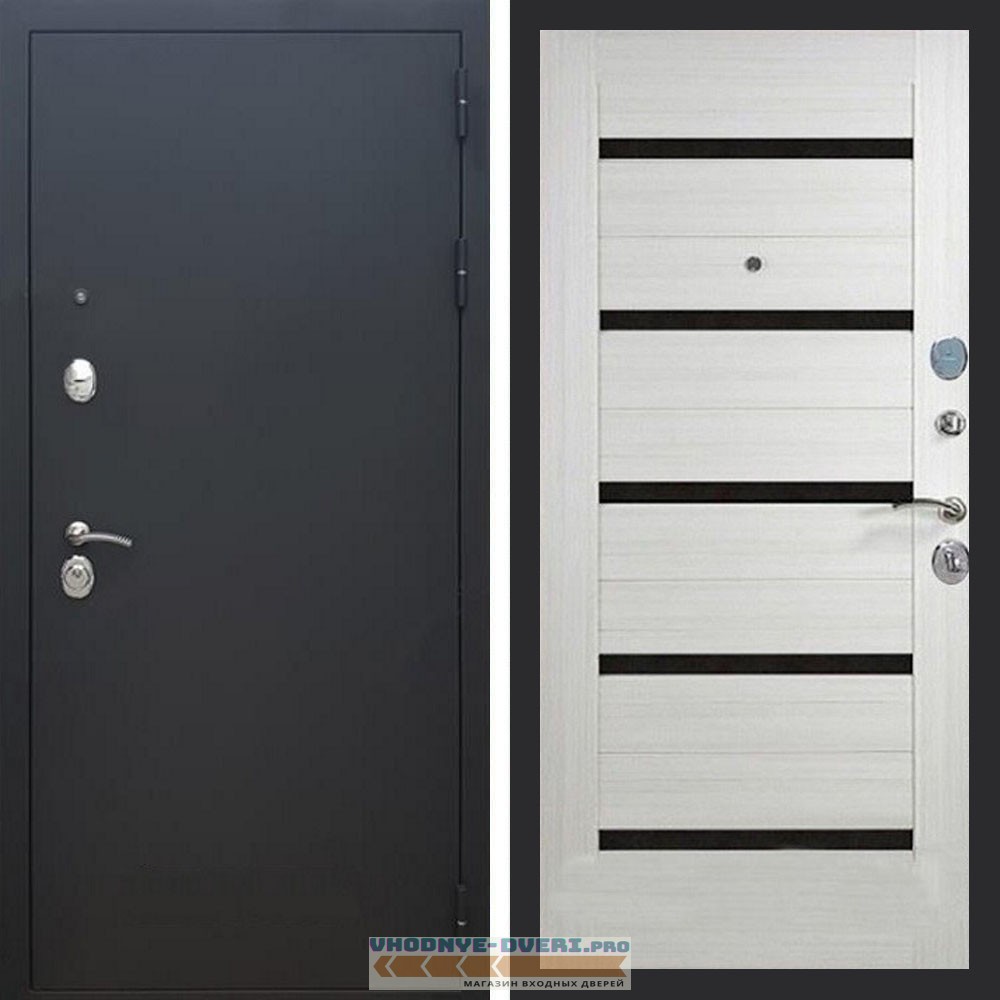 Входная дверь REX (Рекс) 1А Муар Чёрный сб-14 лиственница беж. черное стекло