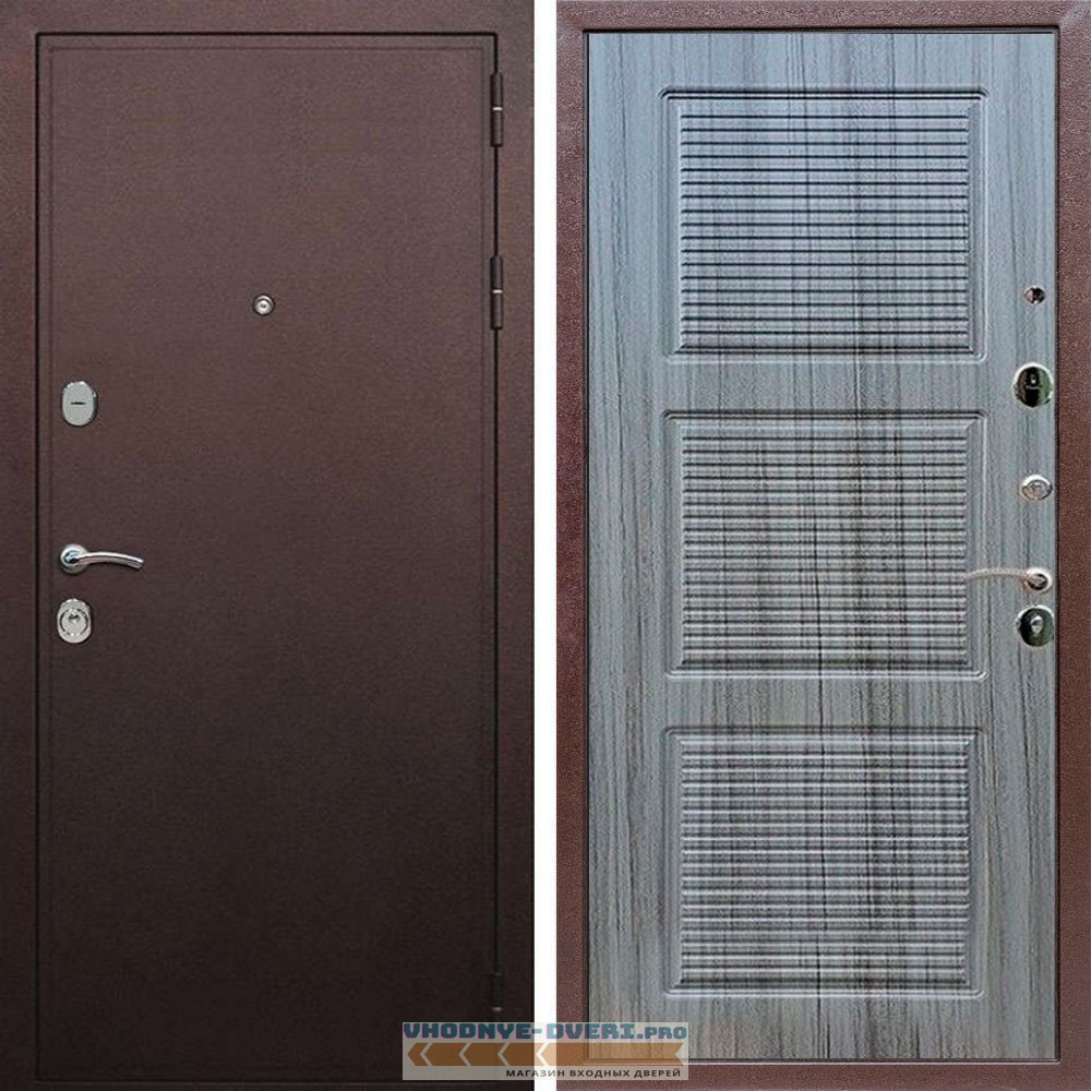 Входная дверь REX (Рекс) 5А Медный антик ФЛ-1 сандал серый