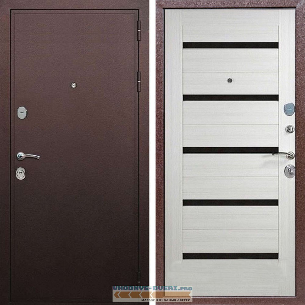 Входная дверь REX (Рекс) 5А Медный антик сб-14 лиственница беж. черное стекло