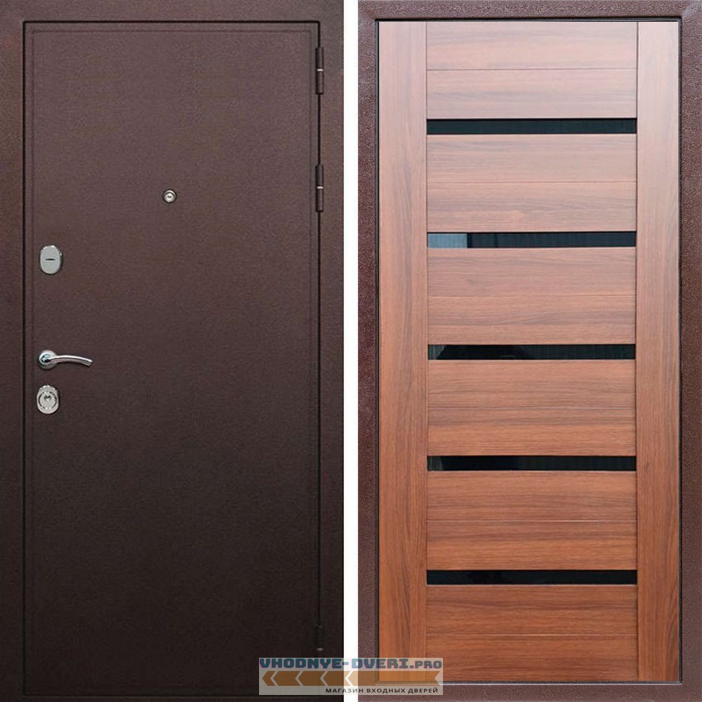 Входная дверь REX (Рекс) 5А Медный антик СБ-14 Орех бренди стекло черное