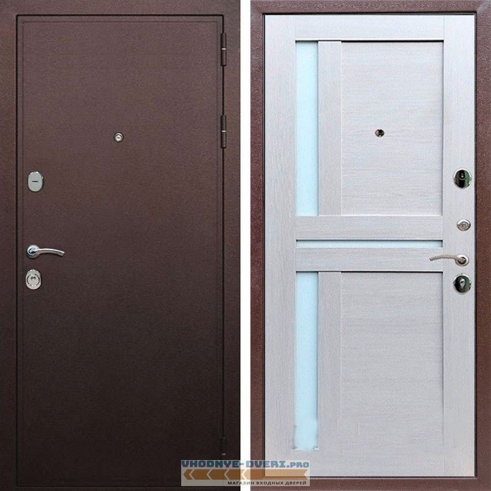 Входная дверь REX (Рекс) 5А Медный антик сб-18 лиственница бежевая белое стекло