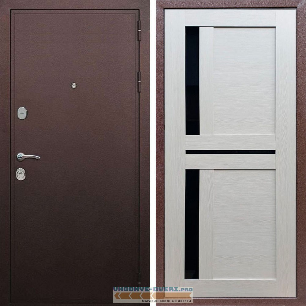 Входная дверь REX (Рекс) 5А Медный антик сб-18 лиственница бежевая черное стекло