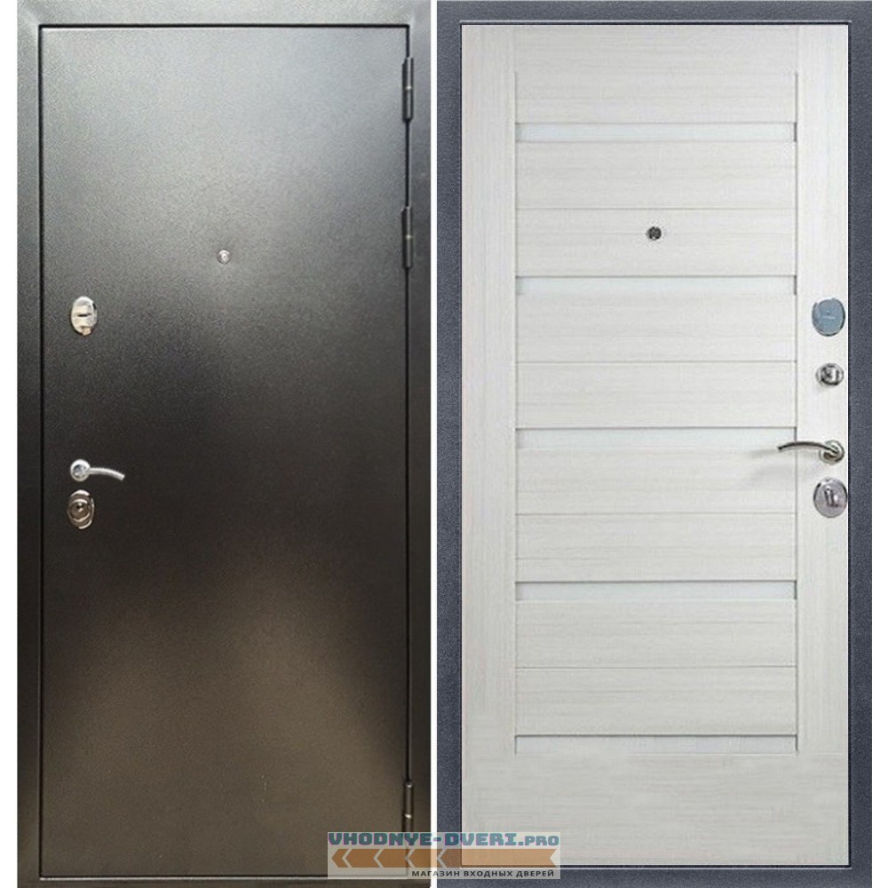 Входная дверь REX (Рекс) 5 (антик серебро) сб-14 лиственница беж. белое стекло