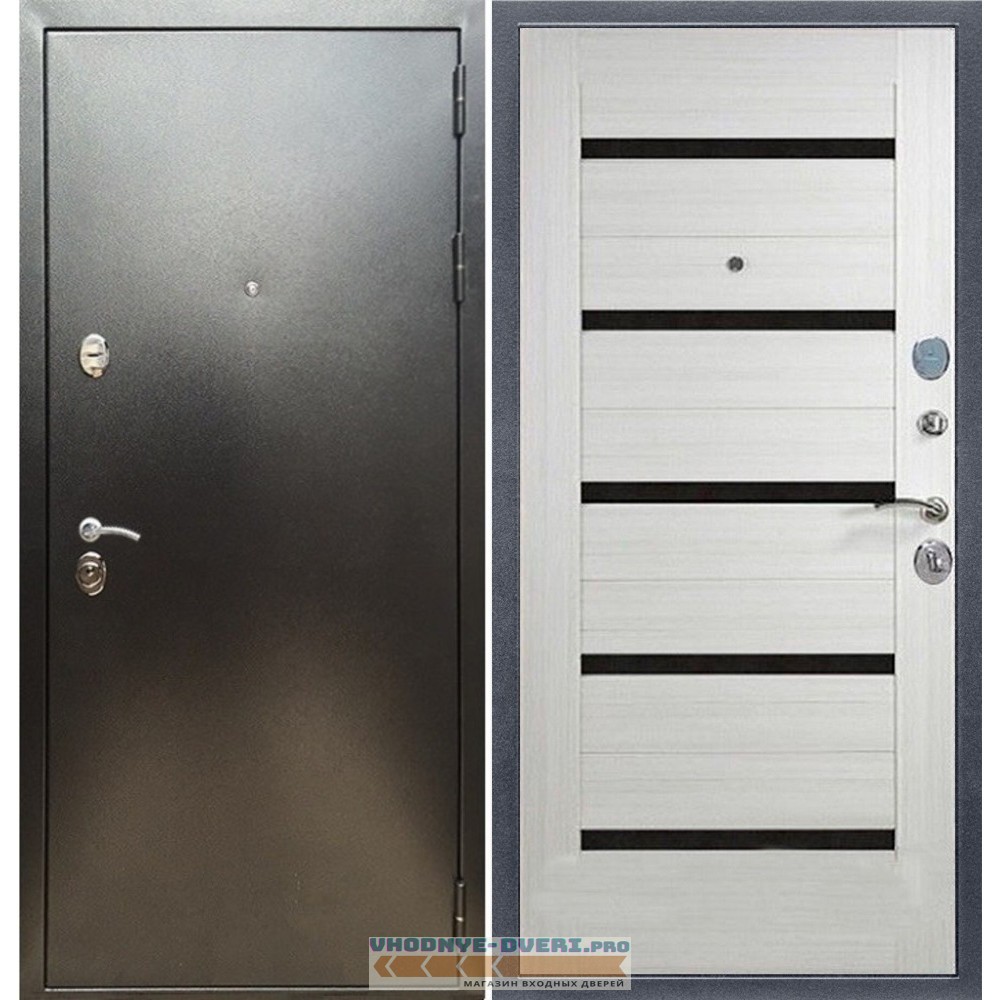 Входная дверь REX (Рекс) 5 (антик серебро) сб-14 лиственница беж. черное стекло