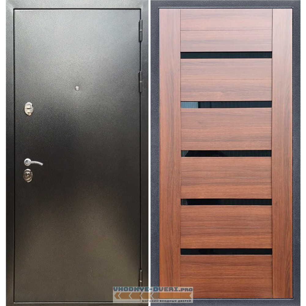 Входная дверь REX (Рекс) 5 (антик серебро) СБ-14 Орех бренди стекло черное