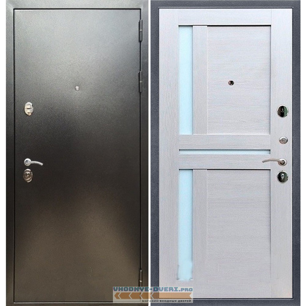 Входная дверь REX (Рекс) 5 (антик серебро) сб-18 лиственница бежевая белое стекло