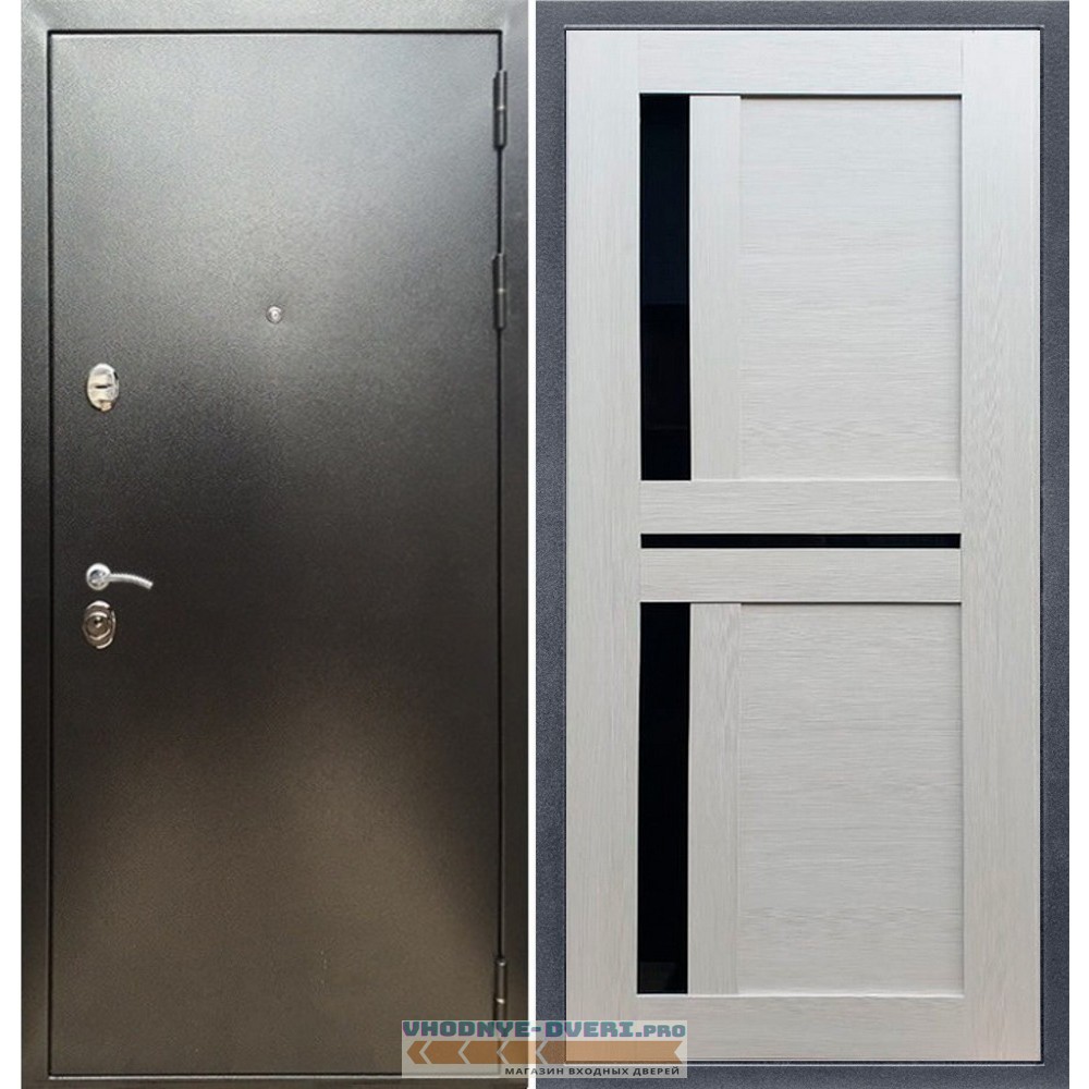 Входная дверь REX (Рекс) 5 (антик серебро) сб-18 лиственница бежевая черное стекло