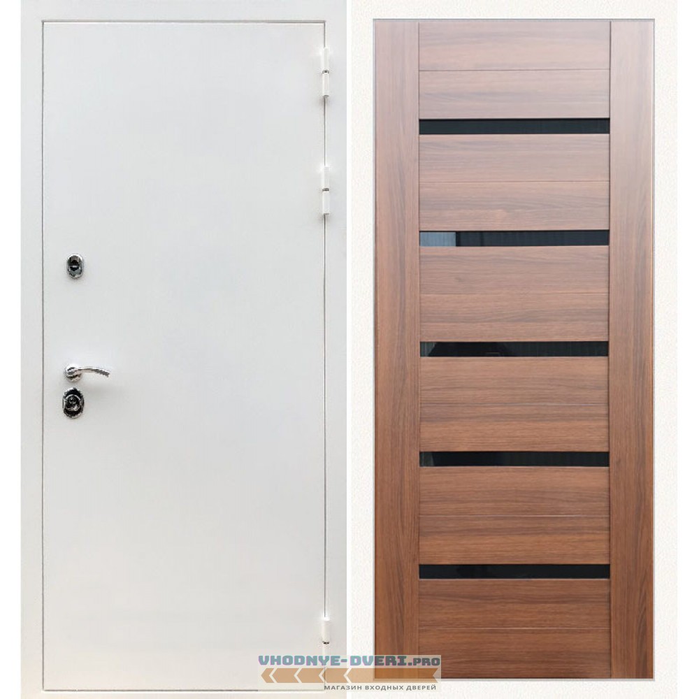 Входная дверь REX (Рекс) 5 белая шагрень СБ-14 Орех бренди стекло черное