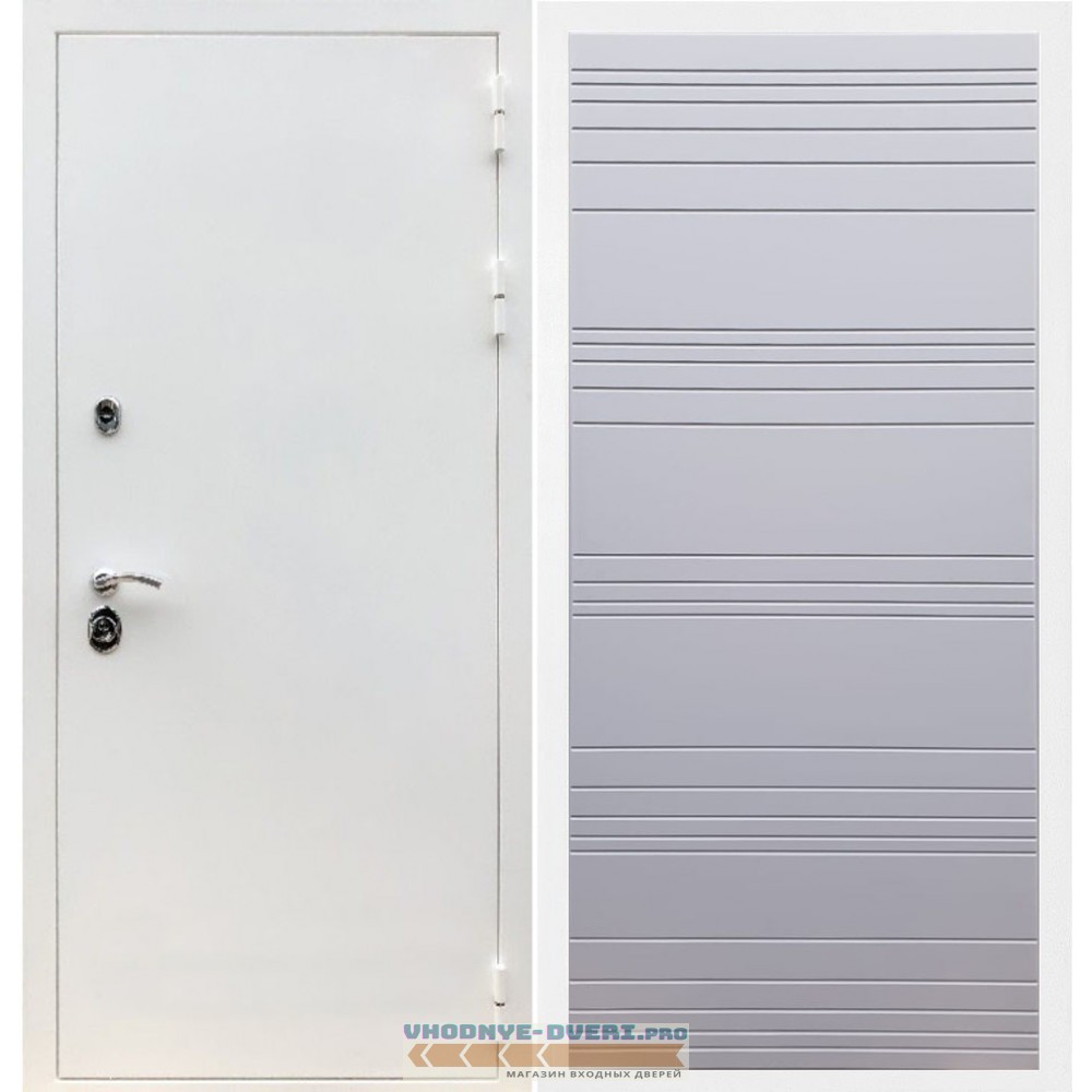 Входная дверь REX (Рекс) 5 белая шагрень полоски горизонтальные силк титан