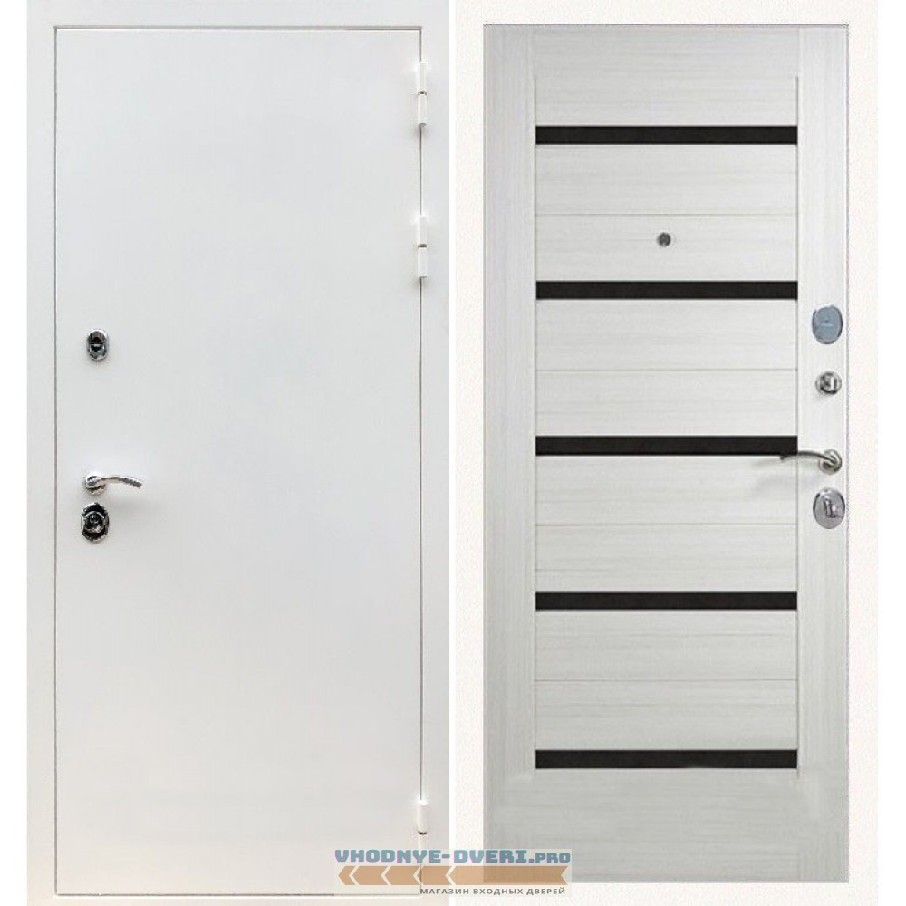 Входная дверь REX (Рекс) 5 белая шагрень сб-14 лиственница беж. черное стекло