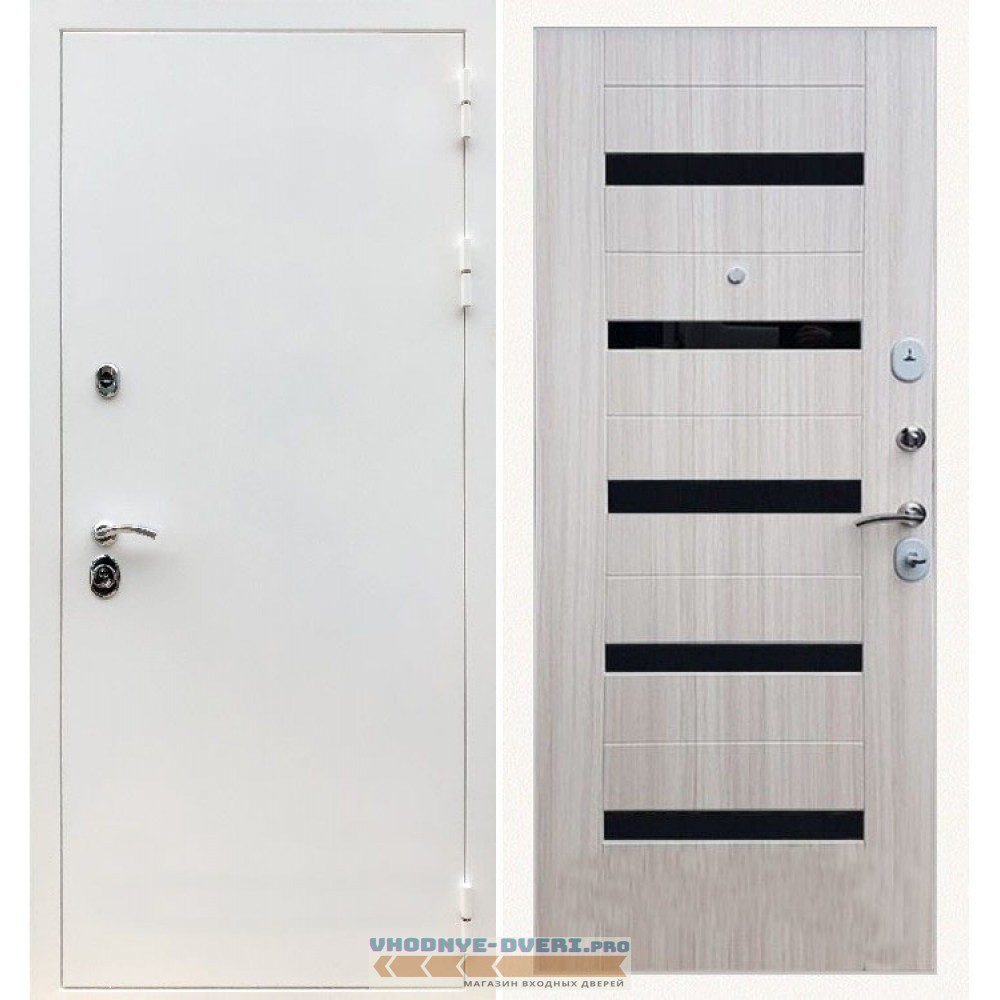 Входная дверь REX (Рекс) 5 белая шагрень СБ-14 сандал светлый черное стекло