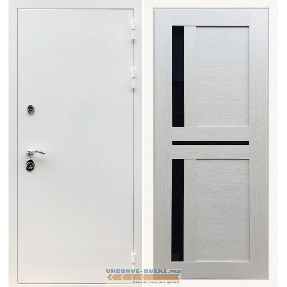 Входная дверь REX (Рекс) 5 белая шагрень сб-18 лиственница бежевая черное стекло