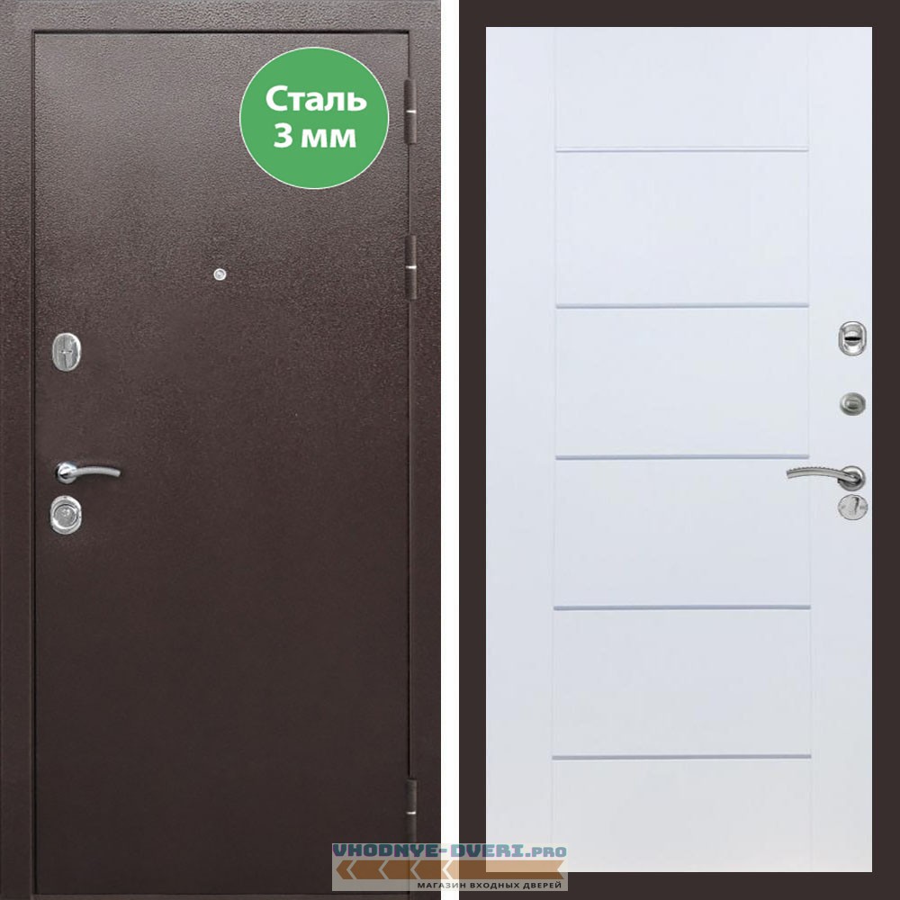 Входная дверь REX (Рекс) 5 металл 3мм медный антик B03 молдинги белый ясень