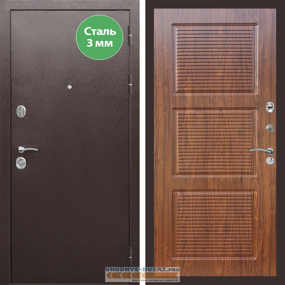 Входная дверь REX (Рекс) 5 металл 3мм медный антик ФЛ-1 мореная берёза
