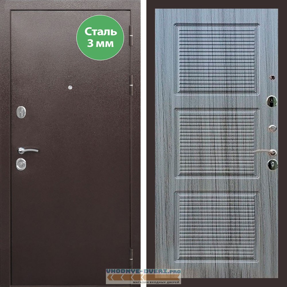 Входная дверь REX (Рекс) 5 металл 3мм медный антик ФЛ-1 сандал серый