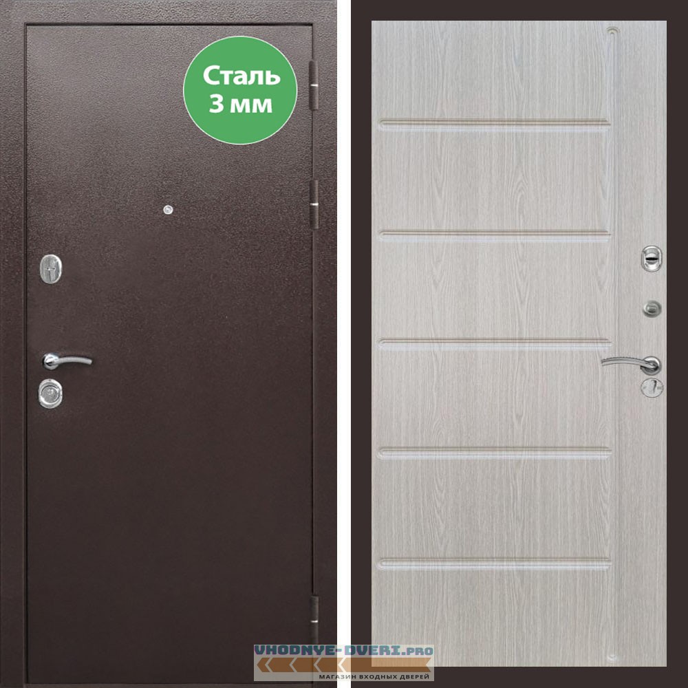 Входная дверь REX (Рекс) 5 металл 3мм медный антик ФЛ-102 Беленый дуб