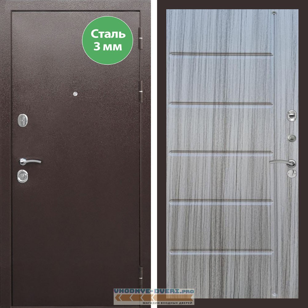 Входная дверь REX (Рекс) 5 металл 3мм медный антик ФЛ-102 Сандал серый