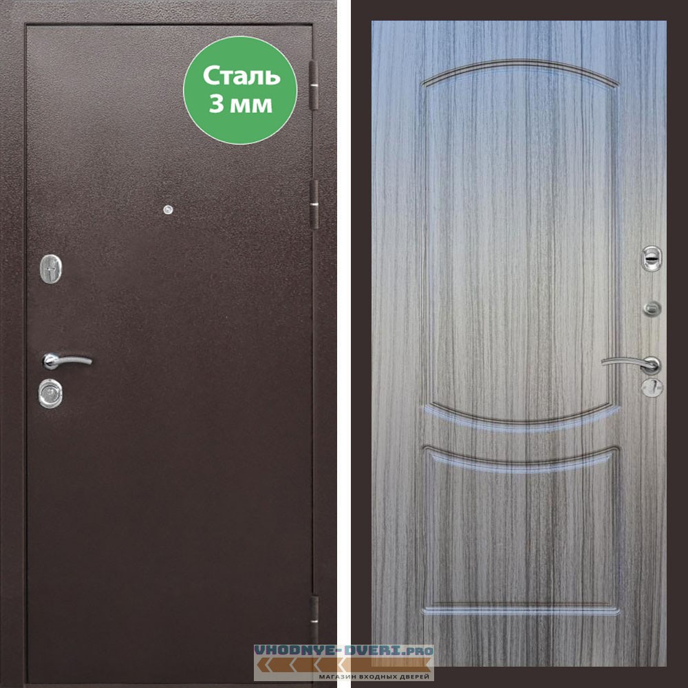 Входная дверь REX (Рекс) 5 металл 3мм медный антик ФЛ-123 Сандал серый