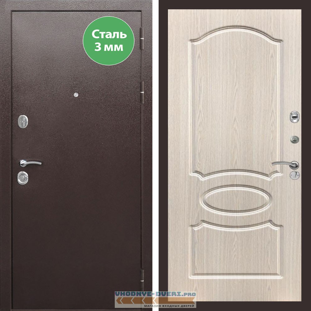 Входная дверь REX (Рекс) 5 металл 3мм медный антик ФЛ-128 беленый дуб