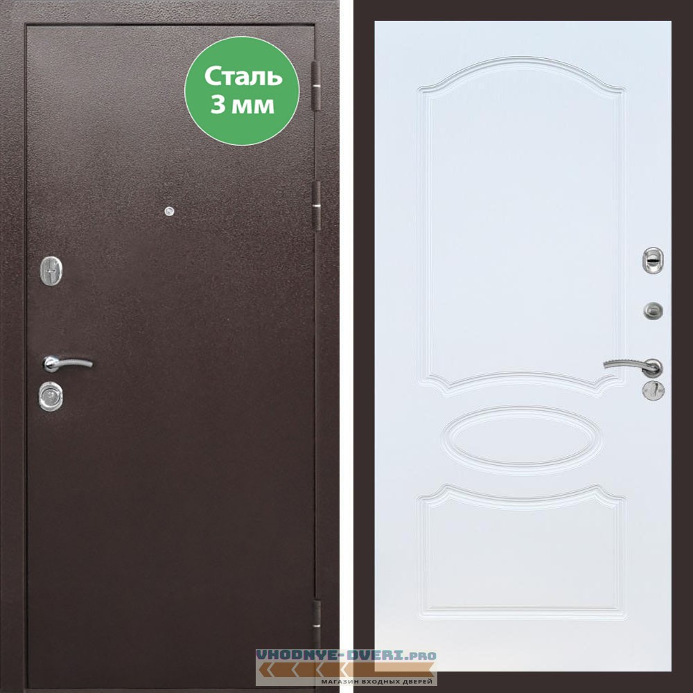 Входная дверь REX (Рекс) 5 металл 3мм медный антик ФЛ-128 белый ясень