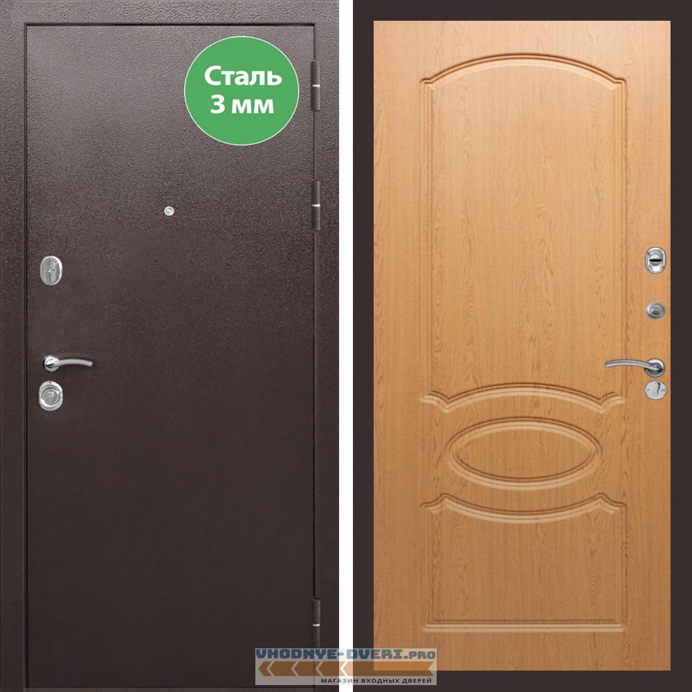 Входная дверь REX (Рекс) 5 металл 3мм медный антик ФЛ-128 Дуб светлый