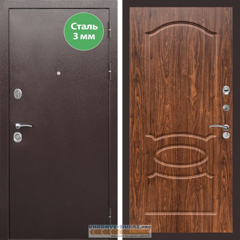 Входная дверь REX (Рекс) 5 металл 3мм медный антик ФЛ-128 Орех темный
