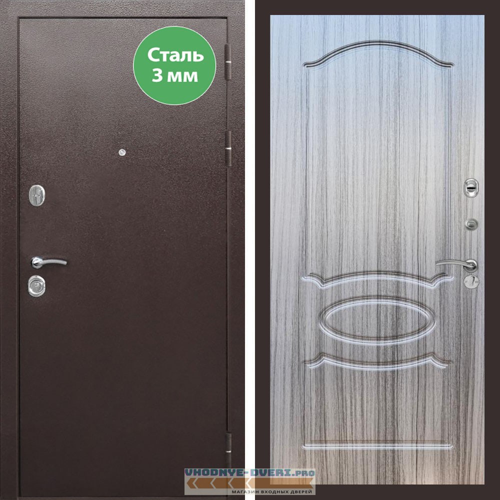 Входная дверь REX (Рекс) 5 металл 3мм медный антик ФЛ-128 Сандал серый