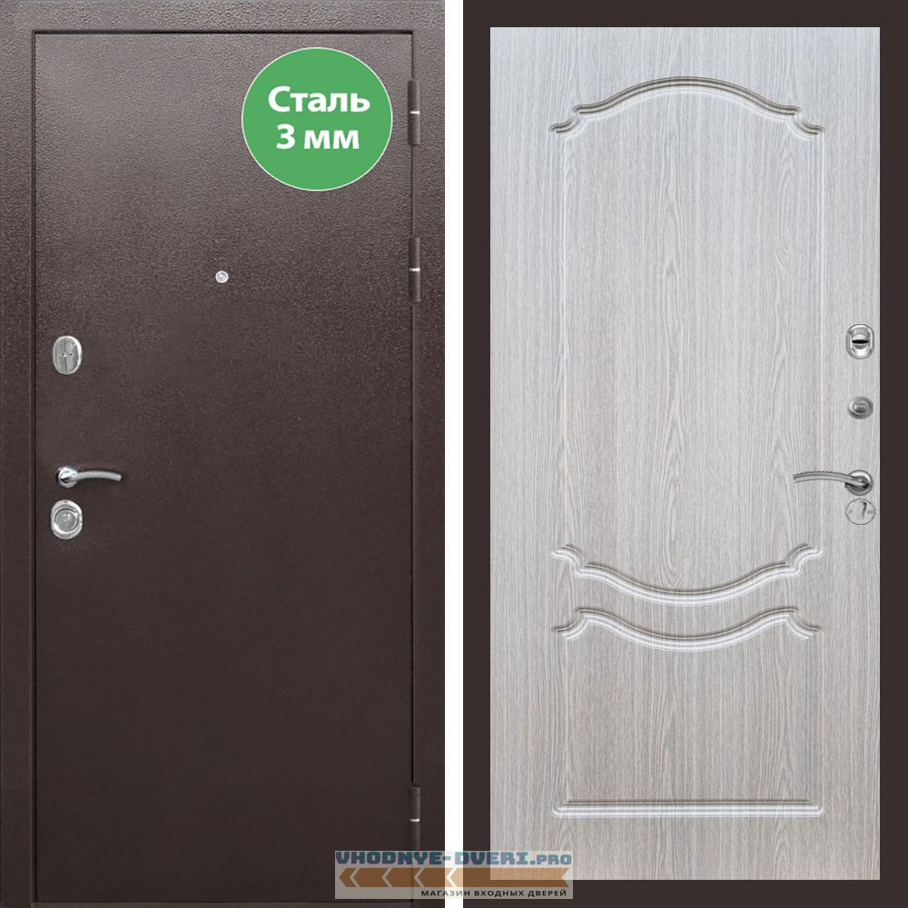 Входная дверь REX (Рекс) 5 металл 3мм медный антик ФЛ-130 Беленый дуб