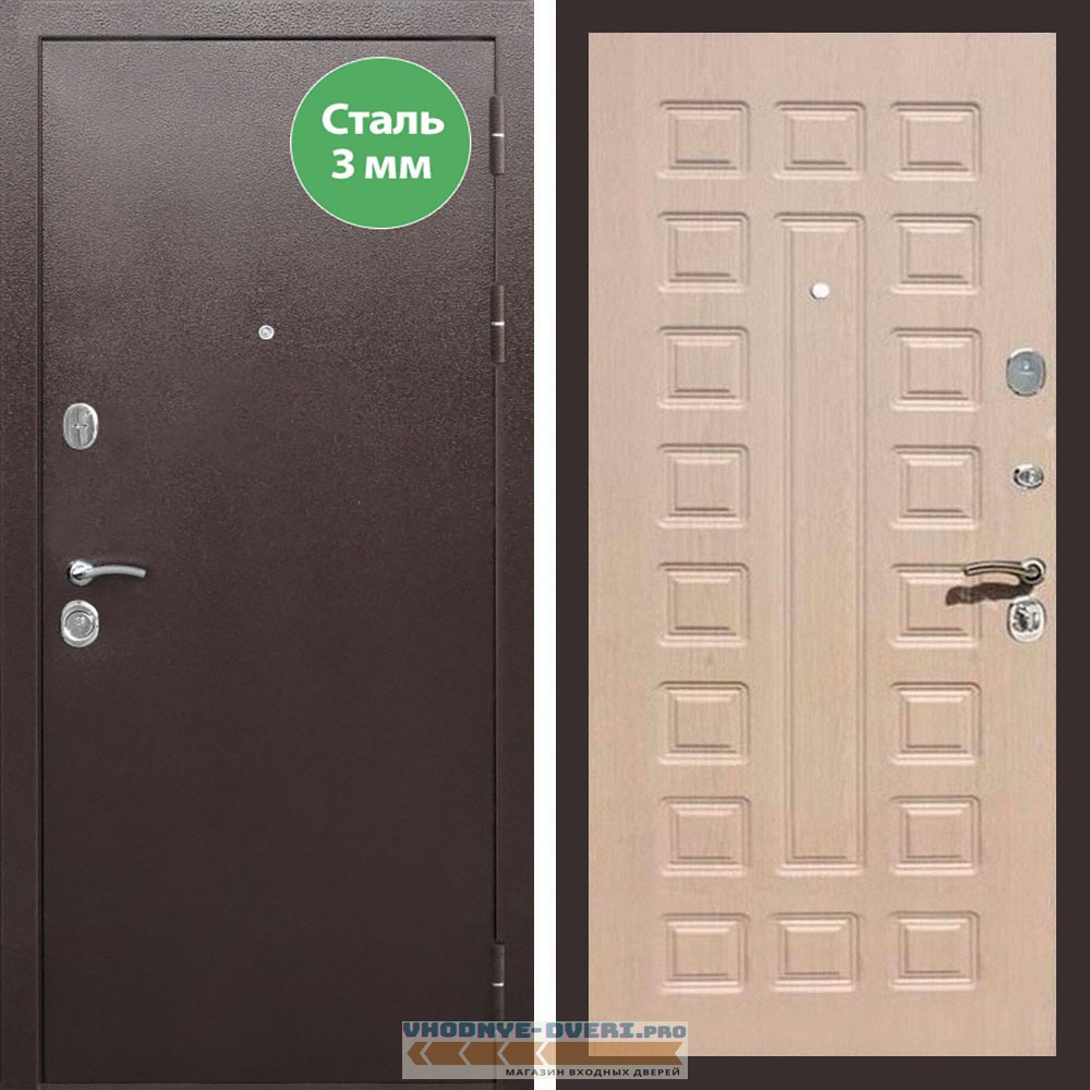 Входная дверь REX (Рекс) 5 металл 3мм медный антик ФЛ-183 беленый дуб