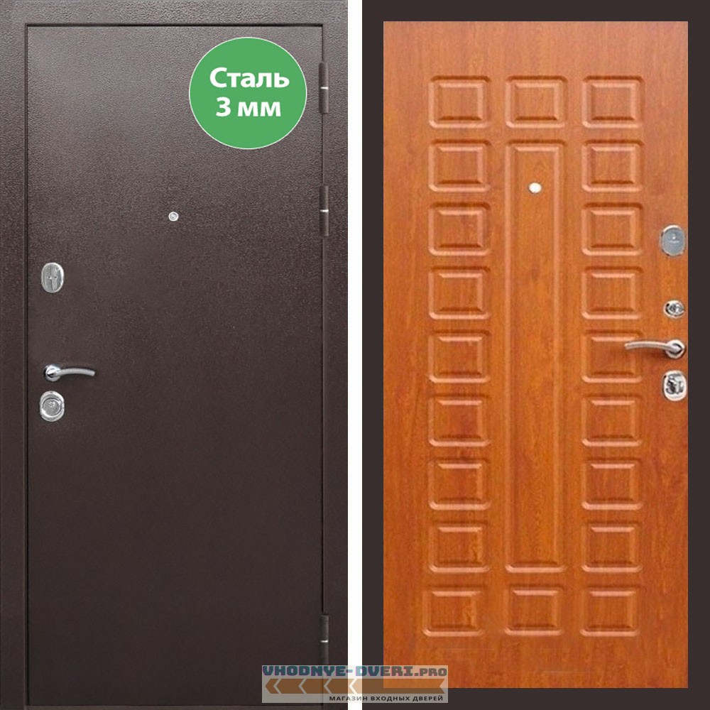 Входная дверь REX (Рекс) 5 металл 3мм медный антик ФЛ-183 дуб светлый