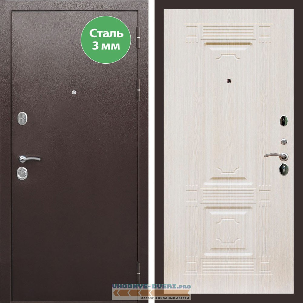 Входная дверь REX (Рекс) 5 металл 3мм медный антик ФЛ-2 беленый дуб 16мм