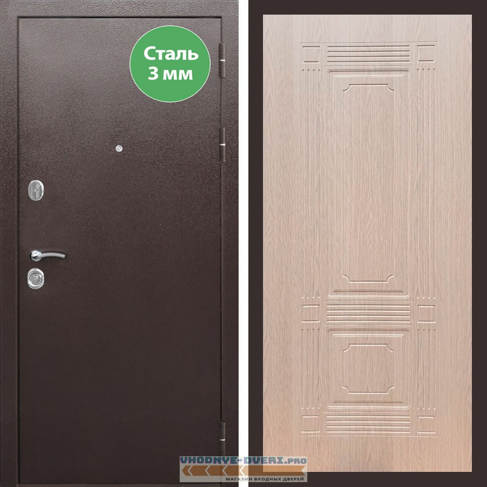 Входная дверь REX (Рекс) 5 металл 3мм медный антик ФЛ-2 беленый дуб 6мм