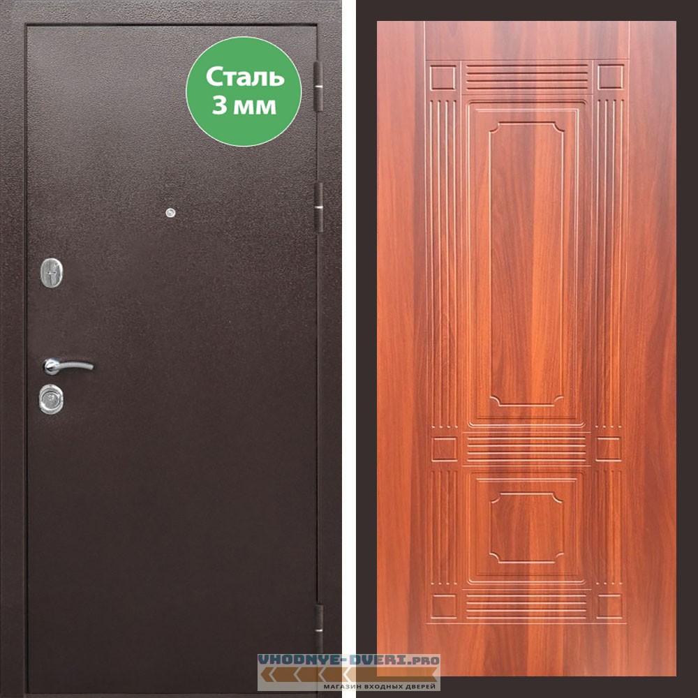 Входная дверь REX (Рекс) 5 металл 3мм медный антик ФЛ-2 итальянский орех 6мм