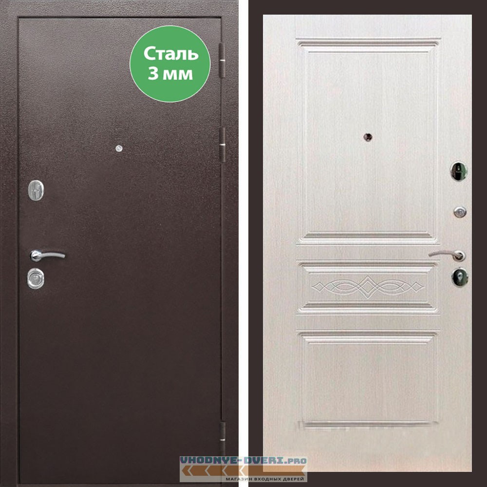 Входная дверь REX (Рекс) 5 металл 3мм медный антик ФЛ-243 лиственница беж с узором